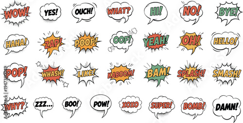 Comic speech bubble vector set with colorful pop art expressions, cartoon sound effects collection, retro halftone style isolated design