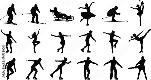 Black silhouette collection of people enjoying winter sports including skiing, ice skating, sledding, and curling for seasonal outdoor recreation and athletic fitness design.