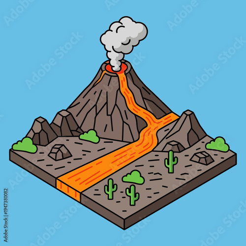 Isometric illustration of a volcanic eruption with lava flowing down the mountain and into the landscape.