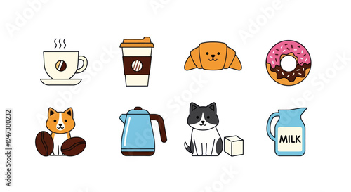 Cartoon coffee and pastries with cats illustration