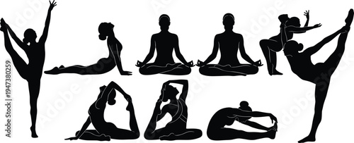 Black silhouette collection of a woman practicing various yoga poses including standing balance, cobra, meditation, and stretching for wellness, fitness, and minimalist design.