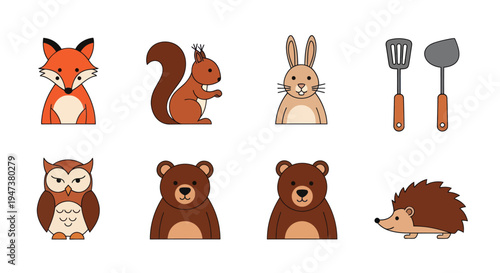 Cartoon forest animals and kitchen utensils
