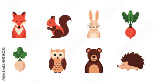 Cartoon forest animals and vegetables