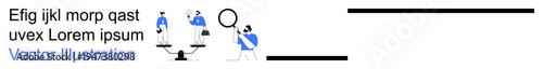 Equality, justice, legal analysis, decision-making, social fairness, weighing options. Minimalist design people with scales and magnifying glass. Equality and justice ideas