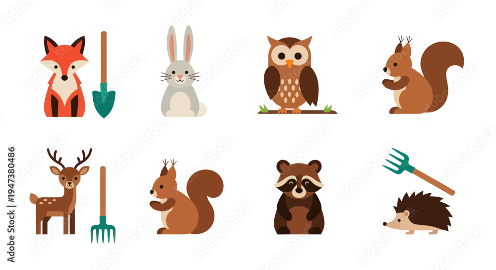 Fototapeta premium Cartoon forest animals with garden tools