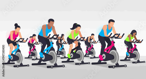 An energetic Flat Design illustration showing a diverse group of individuals enthusiastically participating in a spin class, highlighting community fitness and high-intensity cardio workouts.