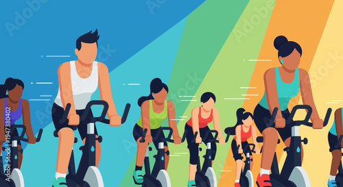 An energetic Flat Design illustration showing a diverse group of individuals enthusiastically participating in a spin class, highlighting community fitness and high-intensity cardio workouts.
