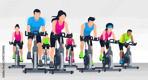 An energetic Flat Design illustration showing a diverse group of individuals enthusiastically participating in a spin class, highlighting community fitness and high-intensity cardio workouts.