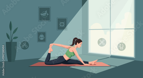 This Flat Design illustration depicts a serene woman engaged in a yoga stretch on a mat, emphasizing flexibility, mindfulness, and the importance of warm-up or cool-down routines in a gym setting.