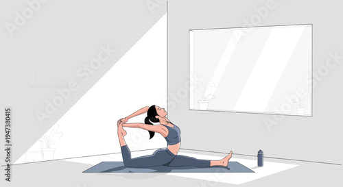 This Flat Design illustration depicts a serene woman engaged in a yoga stretch on a mat, emphasizing flexibility, mindfulness, and the importance of warm-up or cool-down routines in a gym setting.