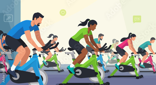 An energetic Flat Design illustration showing a diverse group of individuals enthusiastically participating in a spin class, highlighting community fitness and high-intensity cardio workouts.