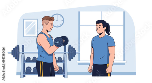 This Flat Design illustration portrays a personal trainer providing expert guidance to a client during a dumbbell workout in a gym, emphasizing personalized fitness instruction.