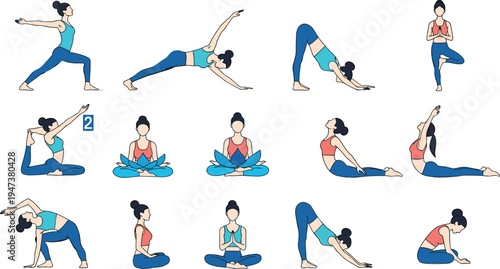 Flat vector illustration set of a brunette woman practicing various yoga poses including warrior, downward dog, plank, and meditation for wellness and fitness design.