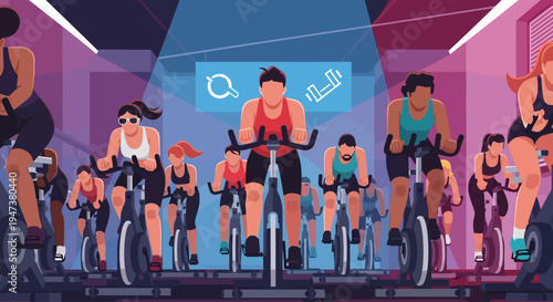 An energetic Flat Design illustration showing a diverse group of individuals enthusiastically participating in a spin class, highlighting community fitness and high-intensity cardio workouts.