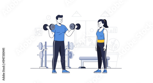 This Flat Design illustration portrays a personal trainer providing expert guidance to a client during a dumbbell workout in a gym, emphasizing personalized fitness instruction.