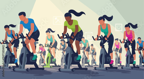 An energetic Flat Design illustration showing a diverse group of individuals enthusiastically participating in a spin class, highlighting community fitness and high-intensity cardio workouts.