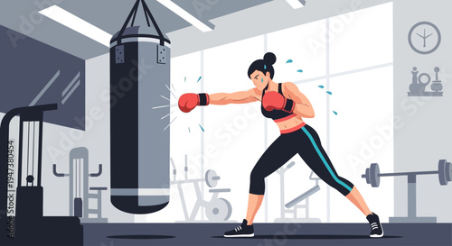 A powerful Flat Design illustration of a determined woman engaging in a boxing workout, hitting a heavy bag with focus and strength, representing high-intensity training and self-defense.