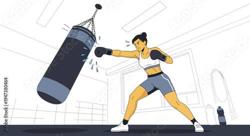 A powerful Flat Design illustration of a determined woman engaging in a boxing workout, hitting a heavy bag with focus and strength, representing high-intensity training and self-defense.