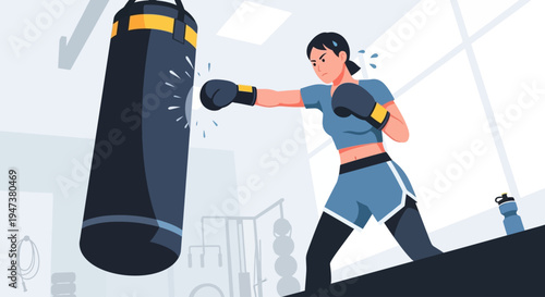 A powerful Flat Design illustration of a determined woman engaging in a boxing workout, hitting a heavy bag with focus and strength, representing high-intensity training and self-defense.