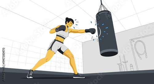 A powerful Flat Design illustration of a determined woman engaging in a boxing workout, hitting a heavy bag with focus and strength, representing high-intensity training and self-defense.