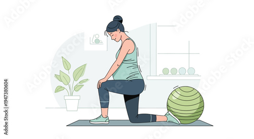 This Flat Design illustration shows a pregnant woman engaging in safe, low-impact exercise in a gym, promoting prenatal fitness, well-being, and healthy active lifestyles during pregnancy.
