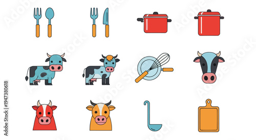 Cartoon kitchenware and cattle icons