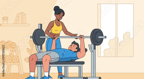 A heartwarming Flat Design illustration of a diverse couple working out together in a gym, symbolizing partnership, mutual support, and shared fitness goals in a modern setting.