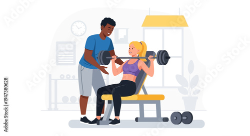A heartwarming Flat Design illustration of a diverse couple working out together in a gym, symbolizing partnership, mutual support, and shared fitness goals in a modern setting.