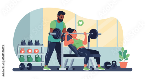 A heartwarming Flat Design illustration of a diverse couple working out together in a gym, symbolizing partnership, mutual support, and shared fitness goals in a modern setting.