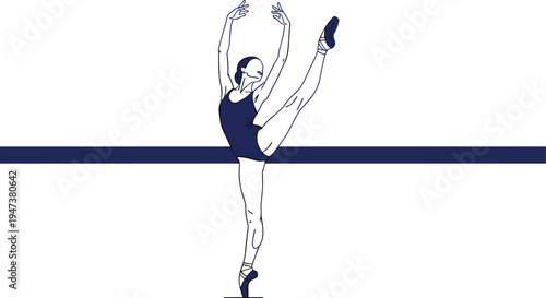 Minimalist vector illustration of a graceful ballerina performing a classical dance pose on pointe shoes for artistic performance, ballet studio, and elegance design.