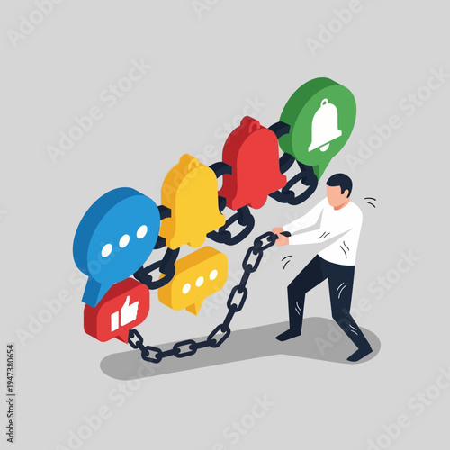 A person struggling to break free from the chains of social media notifications and engagement.