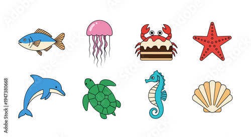Colorful cartoon sea creature collection