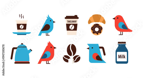 Colorful coffee birds and breakfast icons