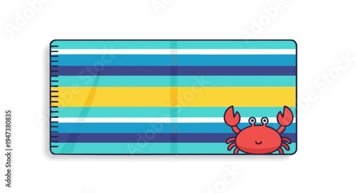 A cartoon crab character on a colorful striped beach towel. Summer vacation vector illustration isolated on white background.