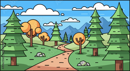 Vector illustration of a hiking trail through a mountain forest landscape