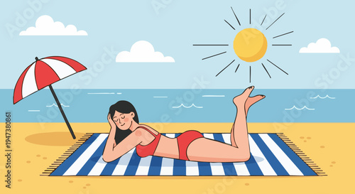 Woman in red bikini sunbathing on a striped towel at the beach. Summer vacation vector illustration.