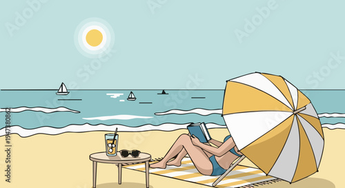 Vector illustration of a woman reading on a beach under an umbrella.