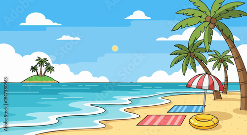 Cartoon tropical beach with palm trees, ocean waves, and copy space.