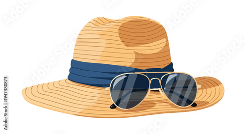 Straw sun hat with a blue ribbon and sunglasses isolated on a white background. Summer vacation concept.