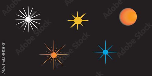 A collection of stylized starburst and celestial body graphics