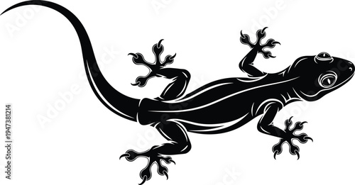Black and white vector silhouette of a gecko lizard isolated on white background for wildlife nature reptile exotic pet and tropical animal logo design