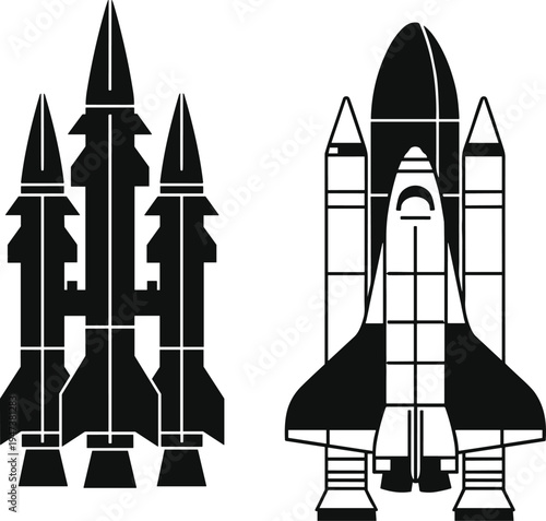 Space rocket and shuttle silhouettes set, retro aerospace launch vehicles, space exploration transport icons, astronautics technology vector illustration isolated black and white