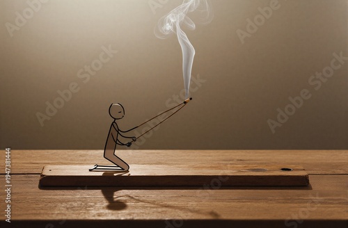 Stick figure lights match smoke rises against warm-toned wooden table