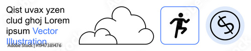 Weather, fitness, economy, technology, finances, sports. Minimalist cloud icon, figure running and dollar currency symbol. Weather and fitness with modern economy symbolism