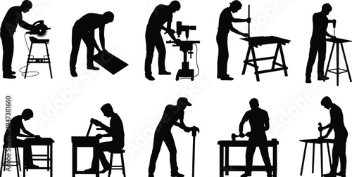 Carpenter silhouettes set, woodworking workers collection, construction craftsman icons, men using tools, saw drill hammer, workshop activity vector illustration isolated black silhouette