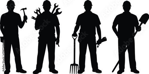 Builder and construction worker silhouettes holding hammer, wrench, rake and shovel, professional labor team with tools standing in different poses vector illustration