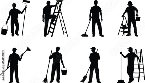 Cleaning and maintenance worker silhouettes set, janitor painter staff collection, men using broom mop bucket ladder tools, service vector illustration