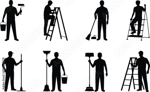 Cleaning and painting worker silhouettes set, janitor maintenance staff collection, men with broom mop bucket ladder paint roller tools vector illustration