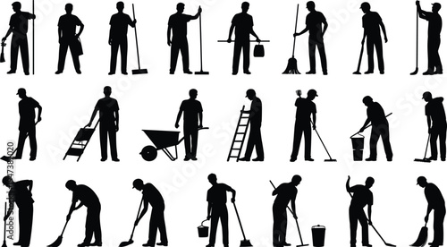 Cleaning worker and janitor silhouettes set, sanitation staff using broom mop bucket ladder and tools, professional housekeeping maintenance service vector illustration collection
