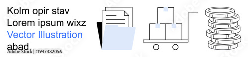Business operations, cargo management, financial planning, organization, document handling, economy. Folder and documents, stacked boxes on a cart coin stacks. Document handling and cargo management